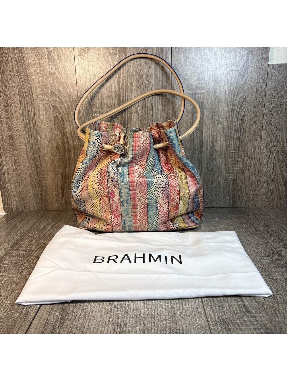 Brahmin Large Multicolor Snake Embossed Leather Drawstring Tote Shoulder Bag